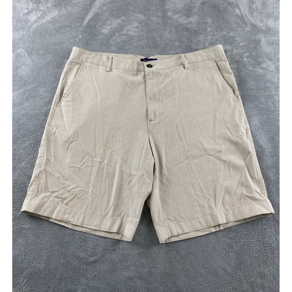 Club Room Mens Seersucker Shorts Tan White Striped Flat Front Cotton Size 38